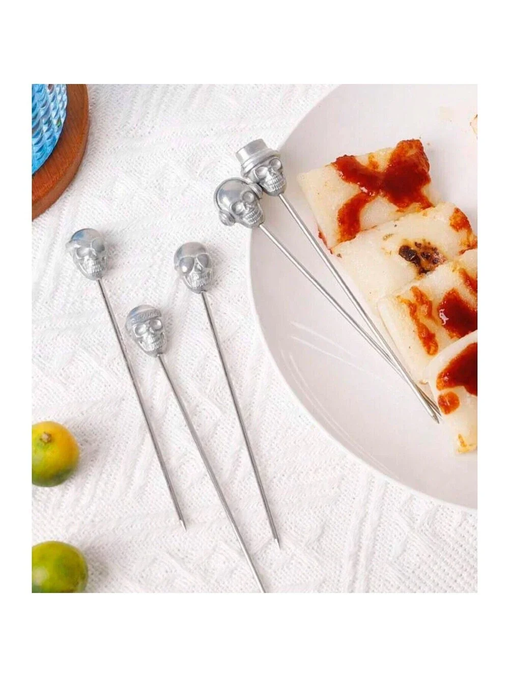 8 Silver Metal Halloween Skull Cocktail Appetizer Food Sticks Toothpicks Party